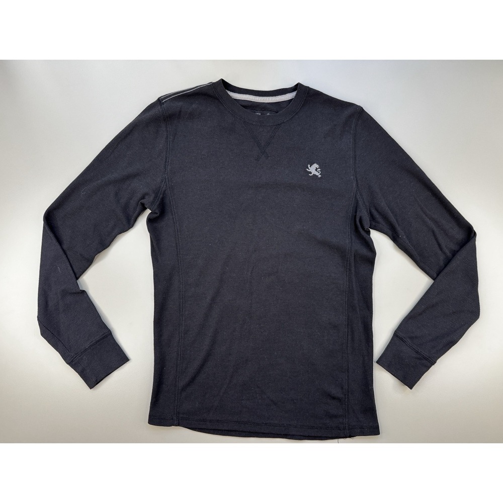 Vintage Express Waffle Knit Long Sleeve Thermal Shirt Mens S Black Y2K Crew Neck